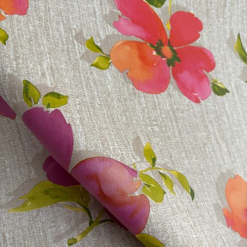 Viaszos vászon terítő 280 - Szürke alapon lila és rózsaszín virágok